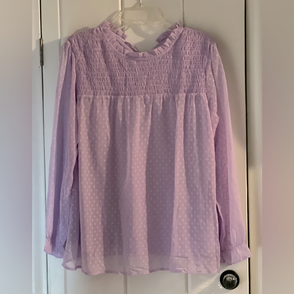 Women’s Long Sleeve Top Lavender Dot Fabric Sheer Sleeves Size L New Never Worn